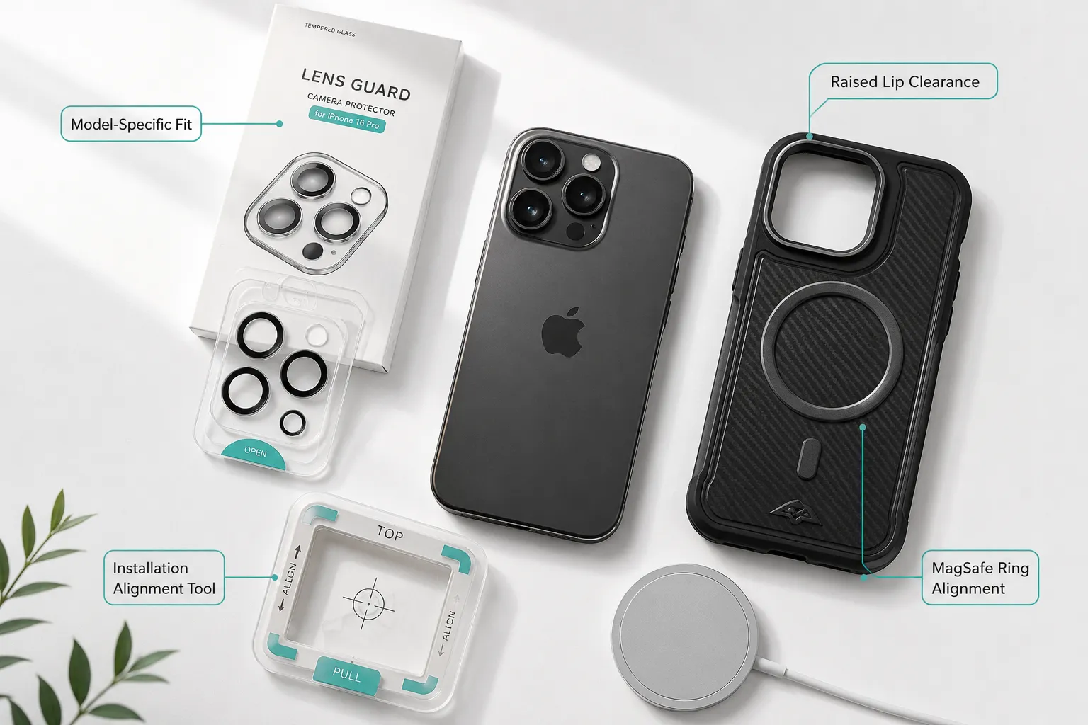 Iphone 16 pro lens protector annotated flat lay