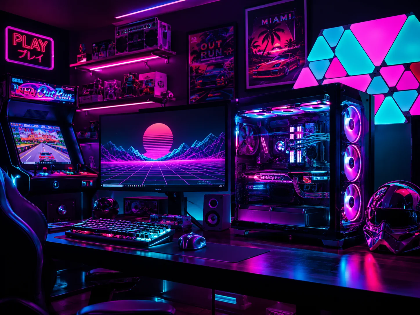 Retro neon cyberpunk and vaporwave room
