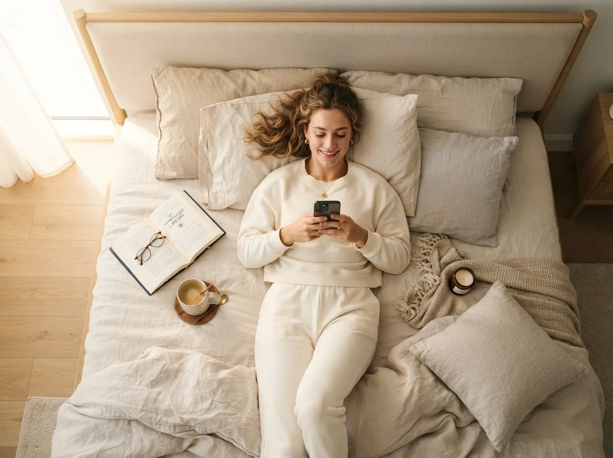 Bed or couch flat lay with phone