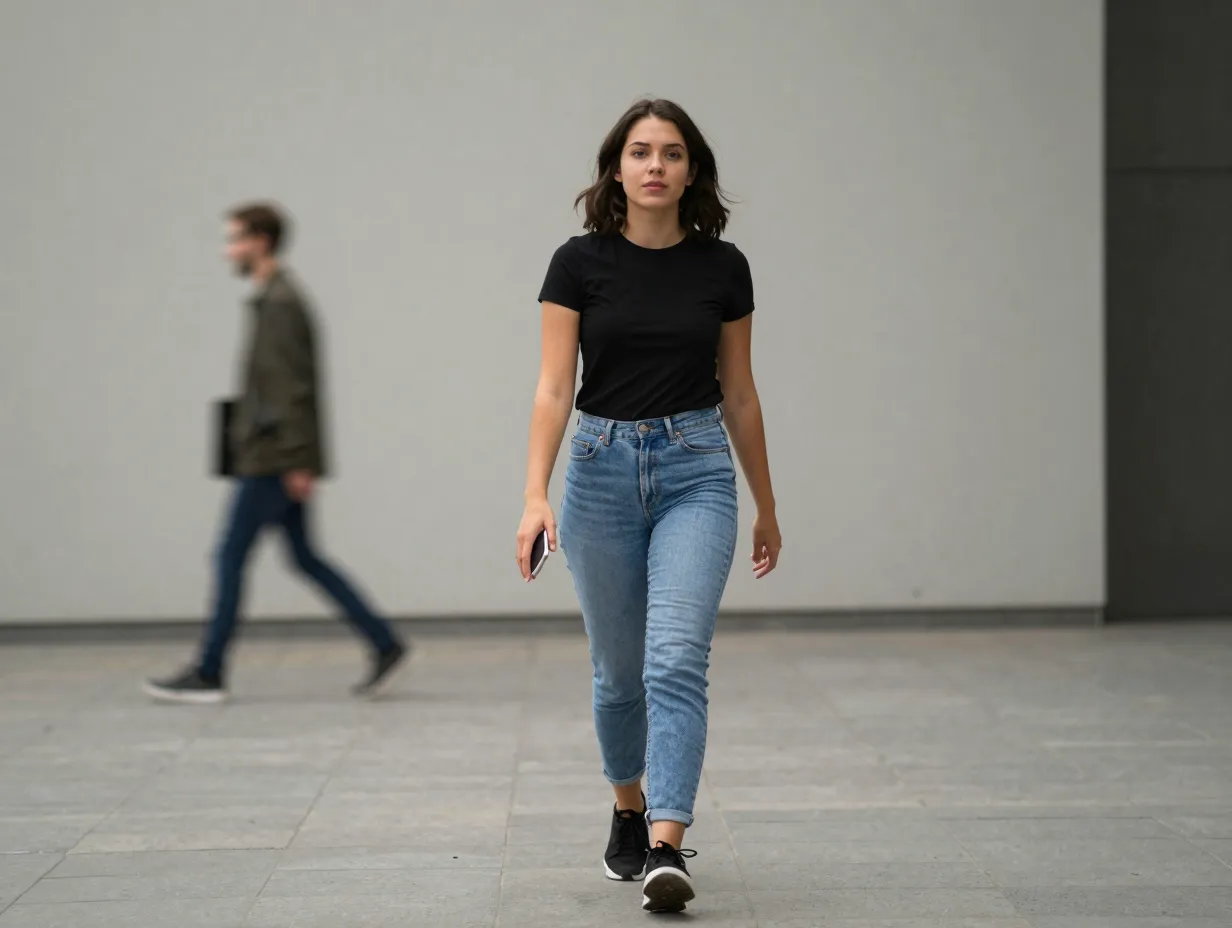 Walking or step forward phone pose
