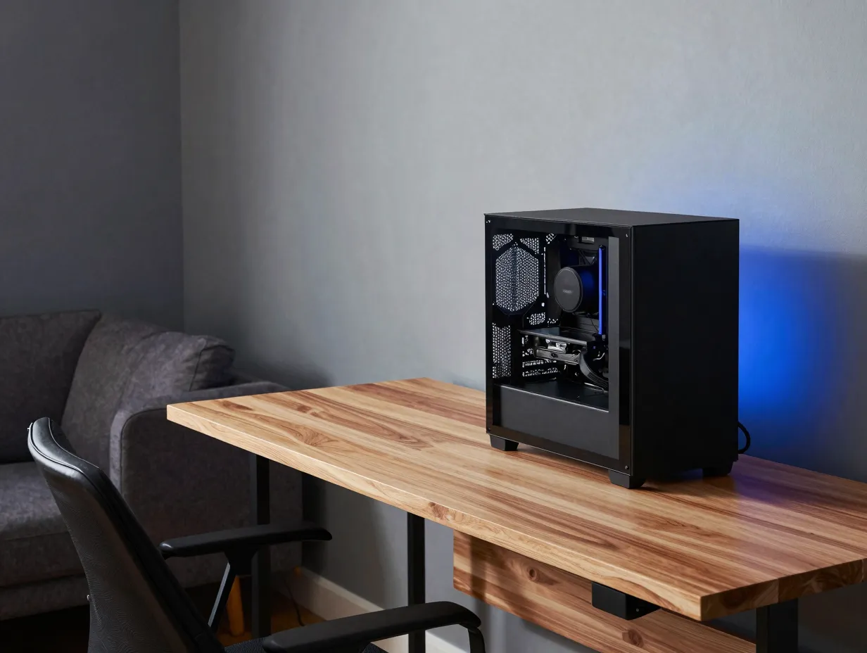 Build an organic tech hybrid with warm wood and stealth hardware