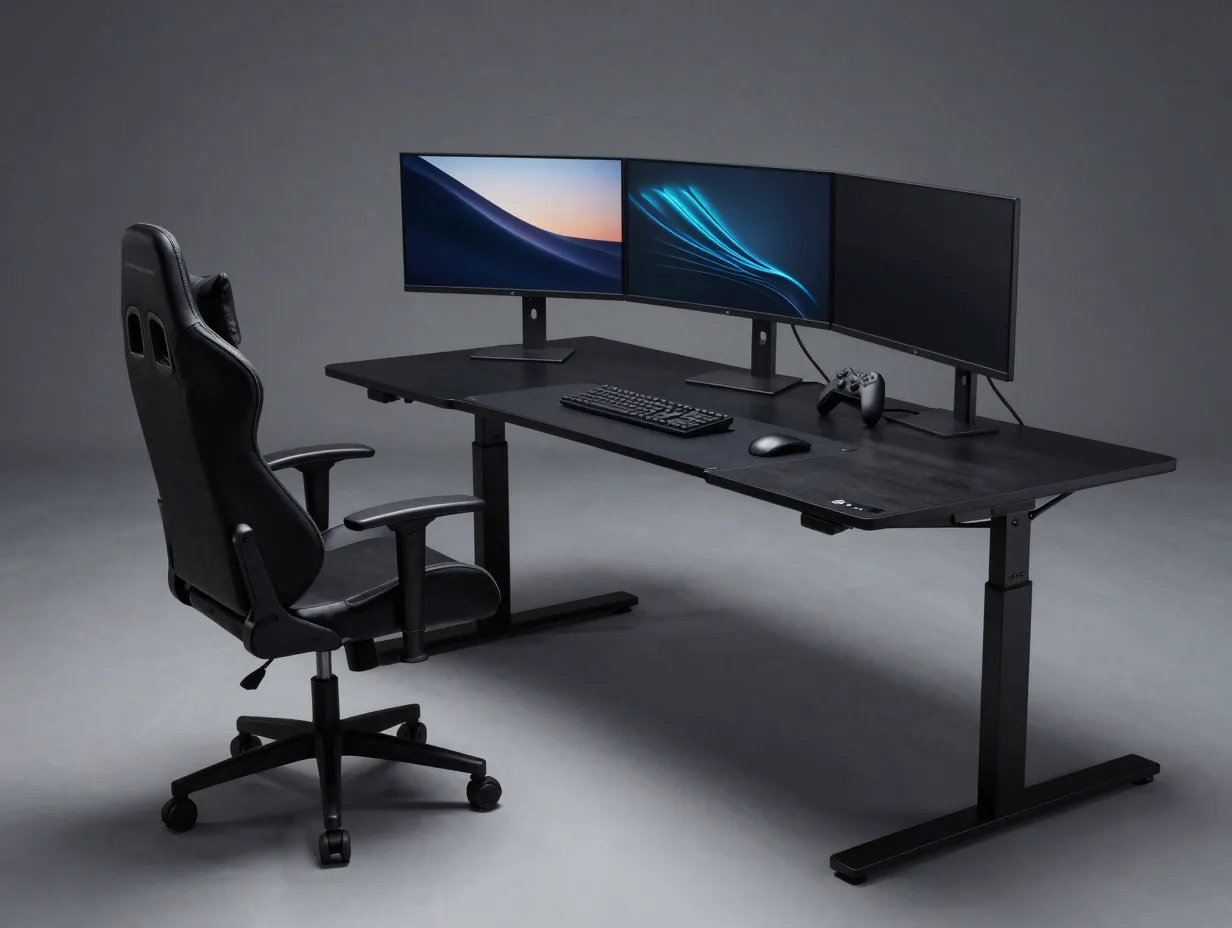 Ergonomic black standing or l shaped desk setup
