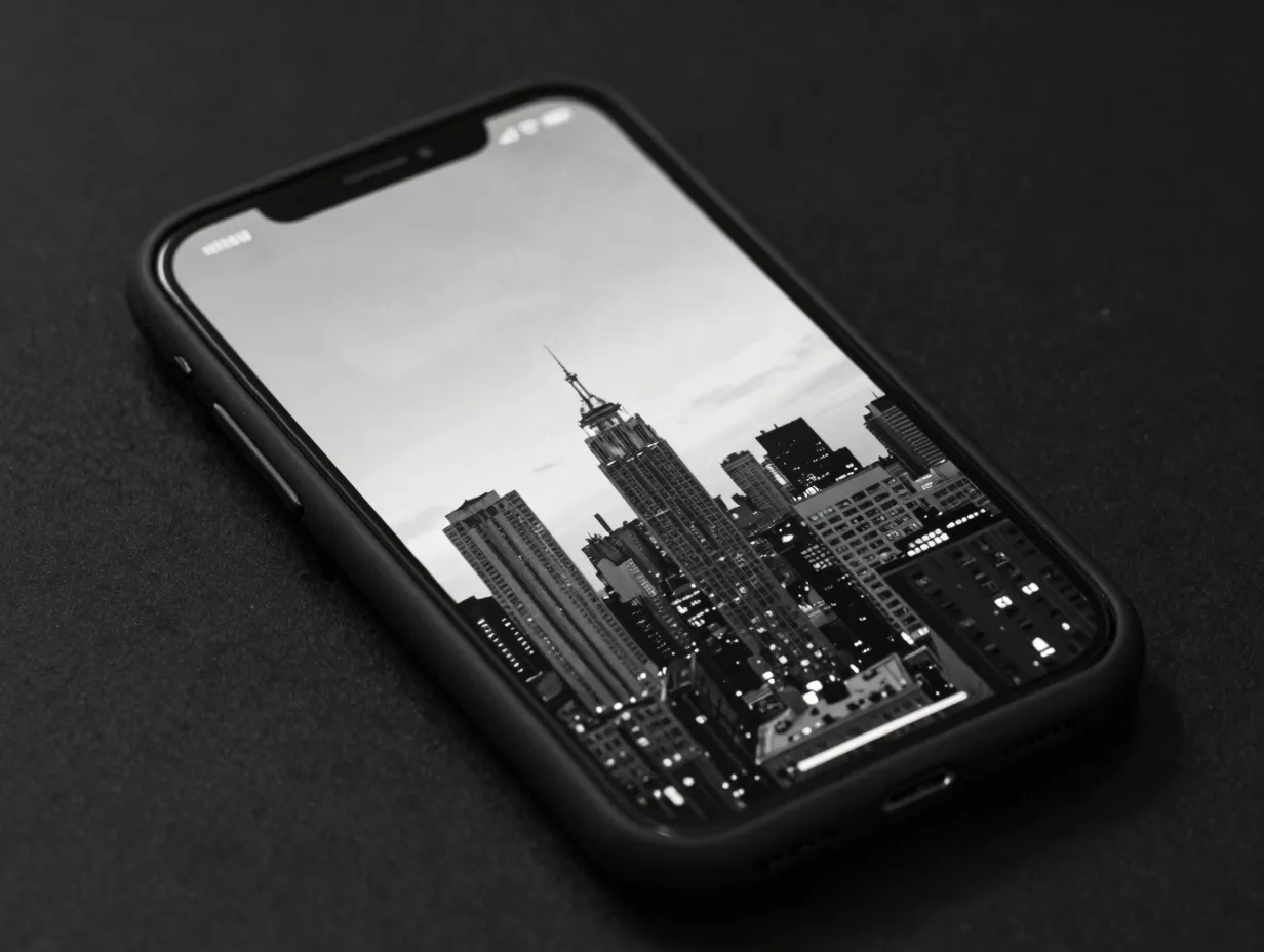 Matte black case with monochrome cityscape wallpaper