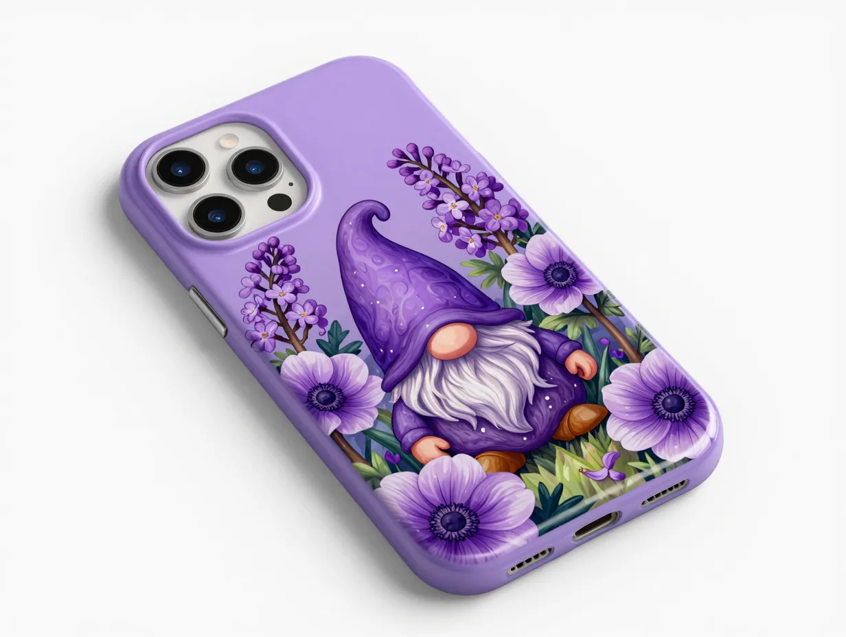 Unique purple gnome with lilac anemones floral aesthetic case