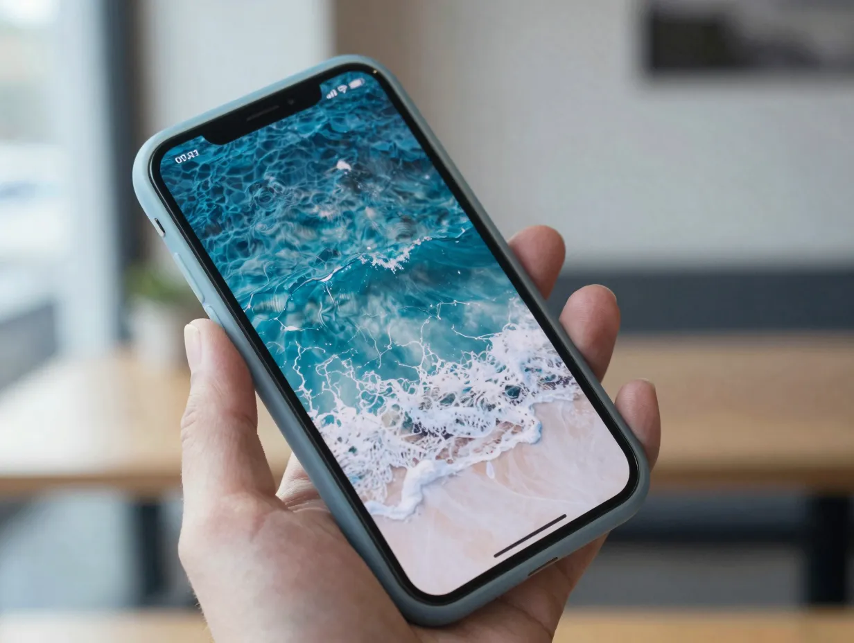 Frosted blue case with ocean wave wallpaper