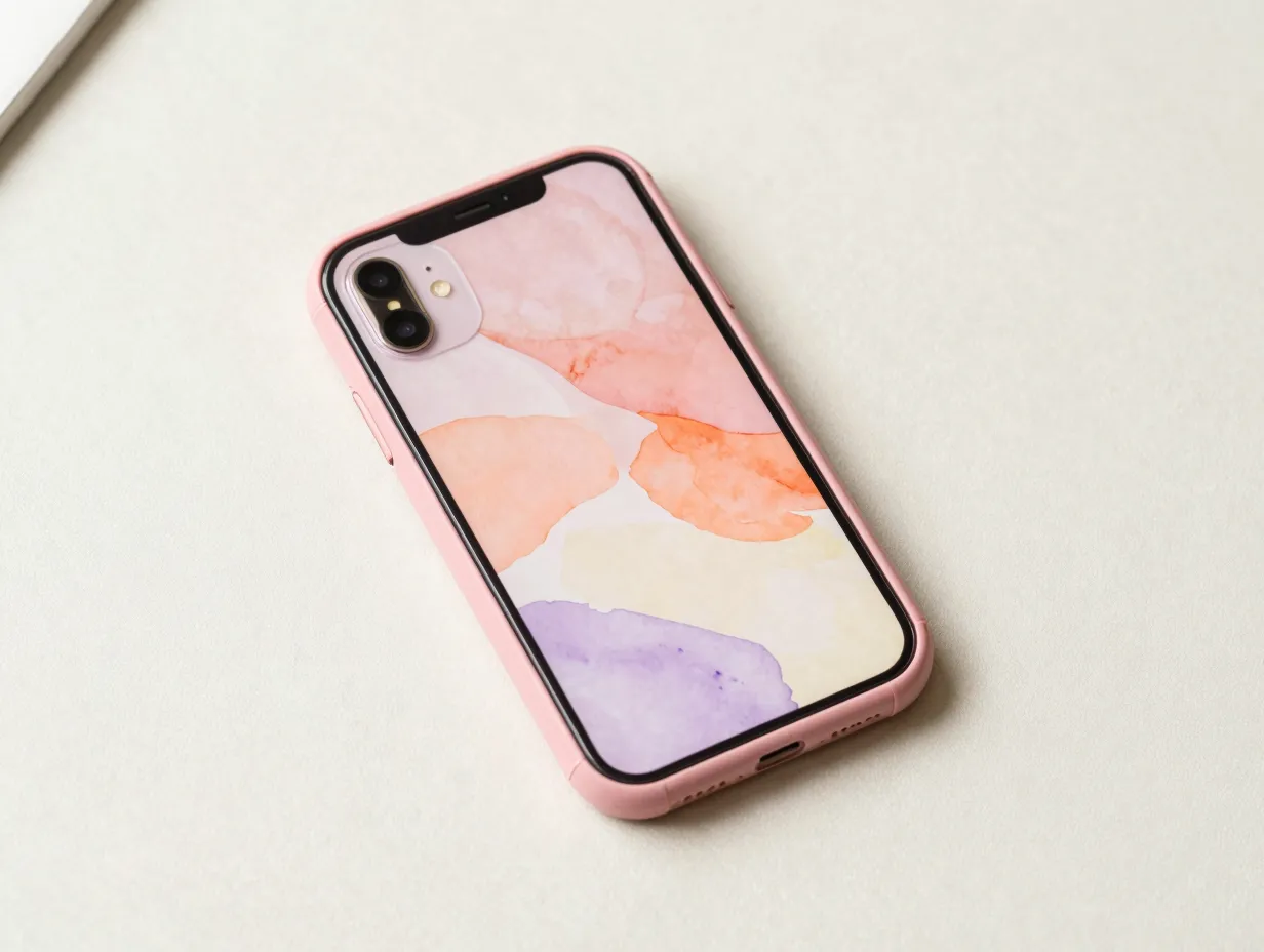 Glossy rose pink case with abstract watercolor wallpaper
