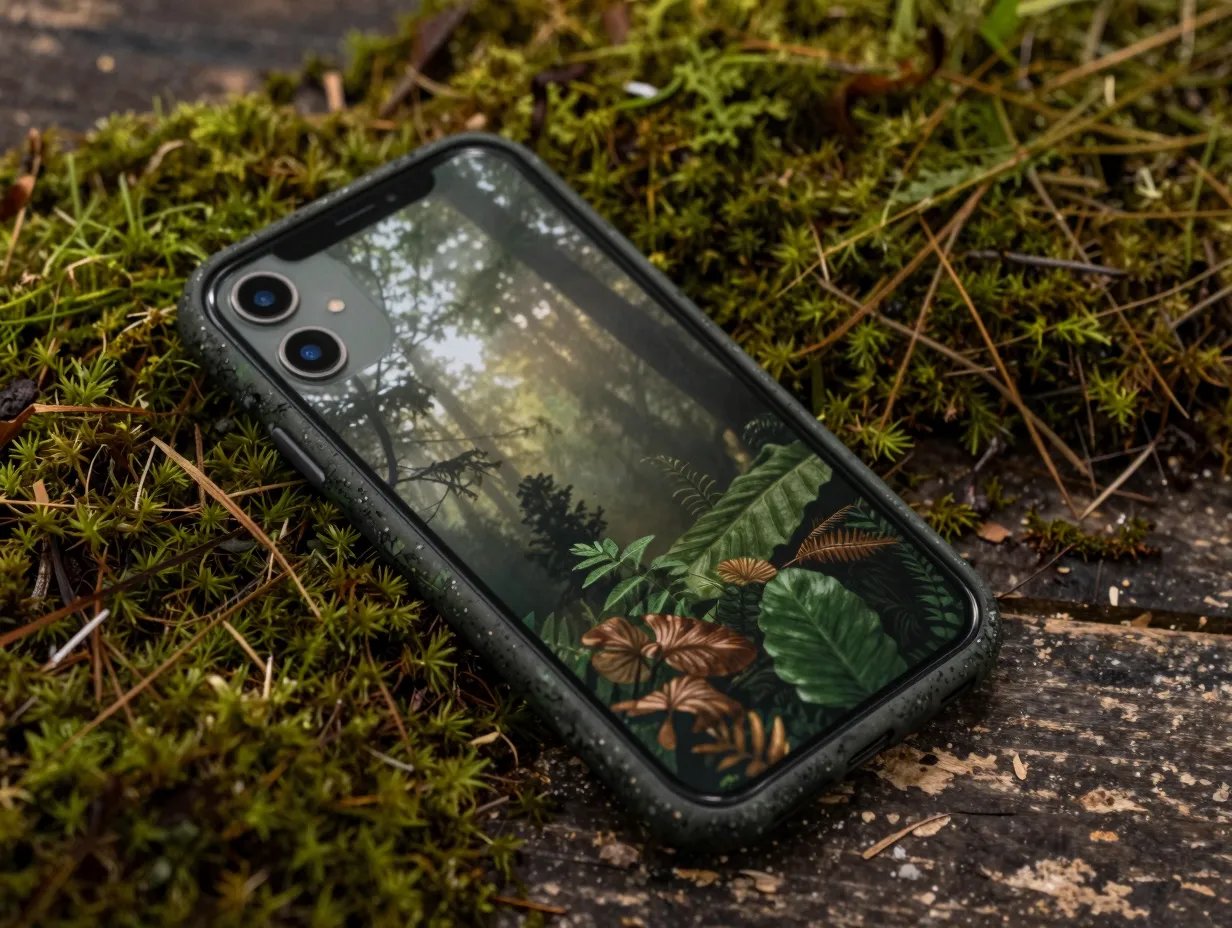 Leaf patterned case with misty forest wallpaper