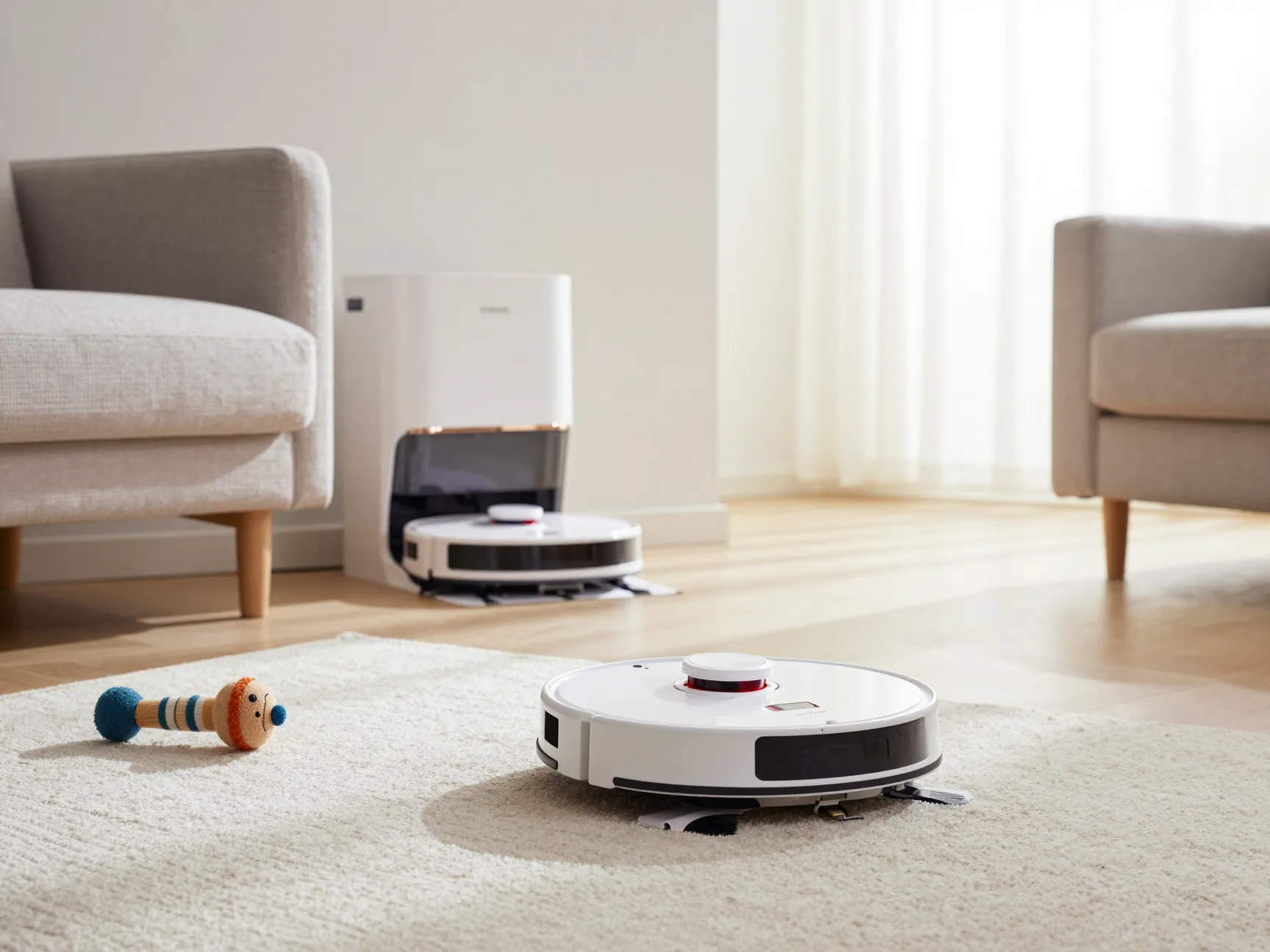 Ai enhanced robot vacuum with self emptying base