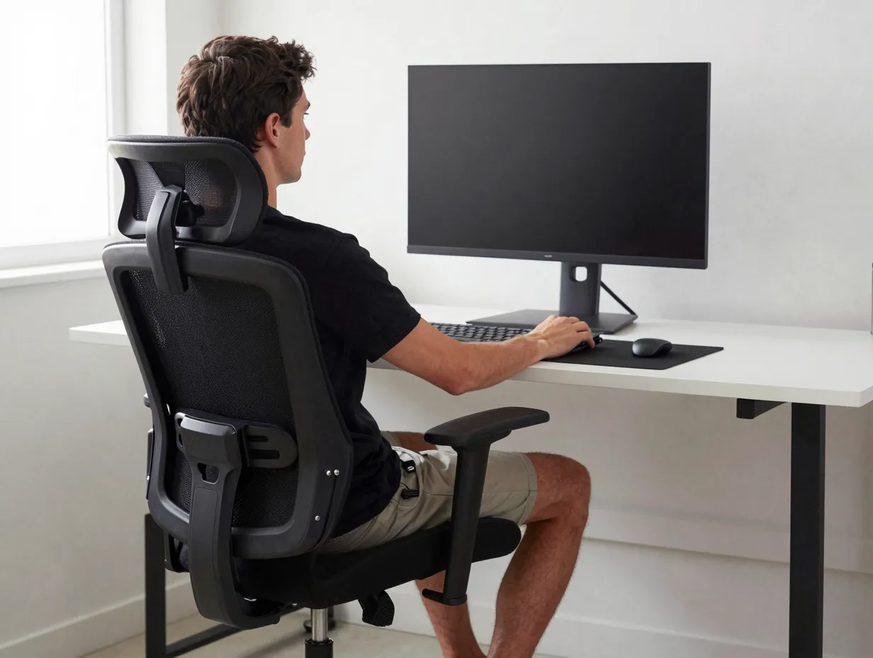 An ergonomic chair and eye level monitor setup