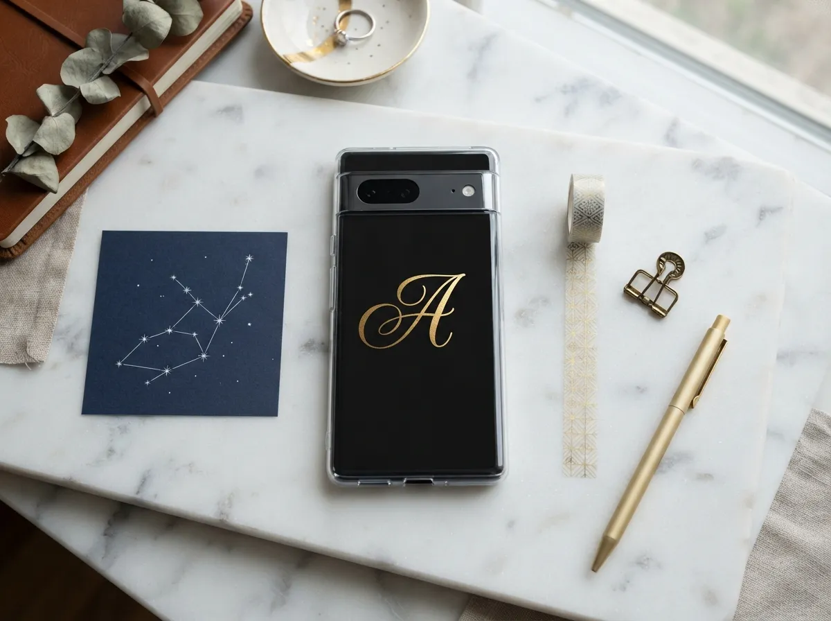 Clear case layering with typography monograms and zodiac art