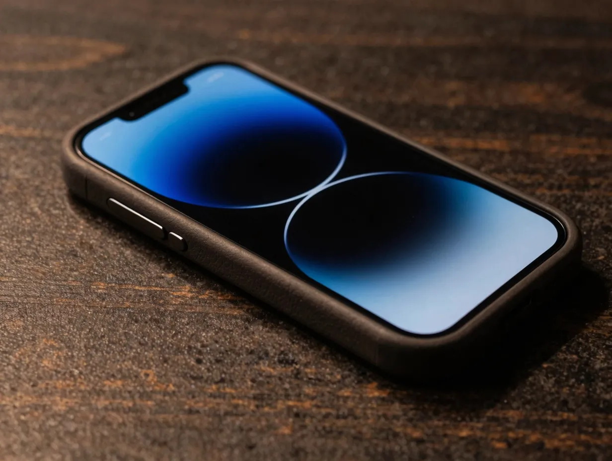 Apple leather case with magsafe in midnight and deep gradient wallpaper