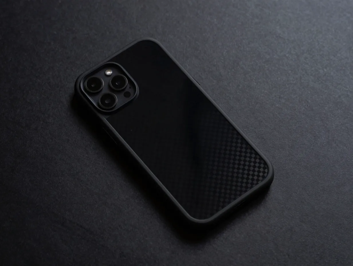 Matte black carbon fiber case and minimalist dark wallpaper