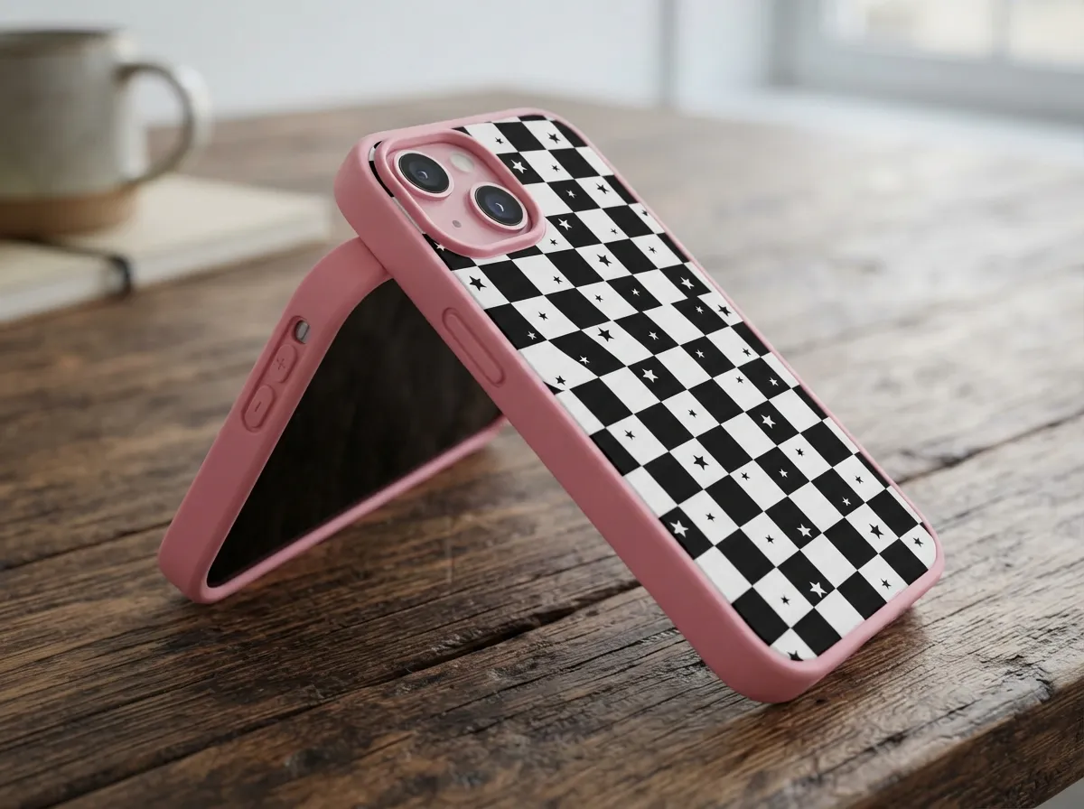 Nimaso pink checkerboard case with star motifs