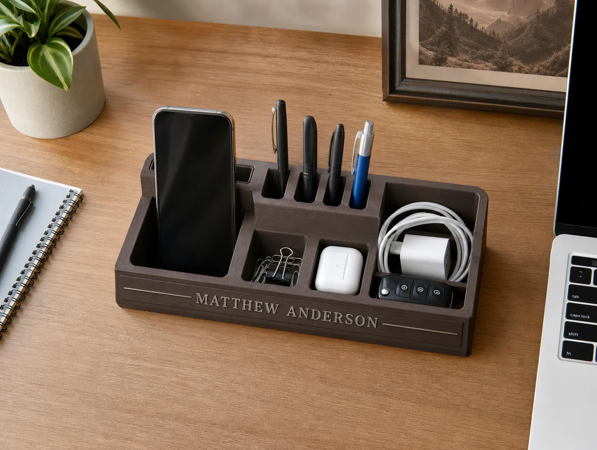 Custom desk organizer with engraved nameplate