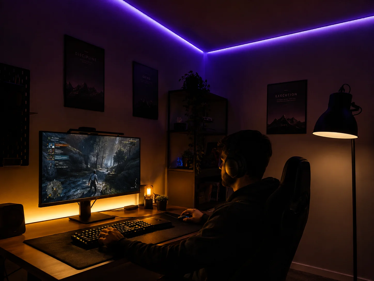 Layered gothic lighting warm at the desk cool in the room