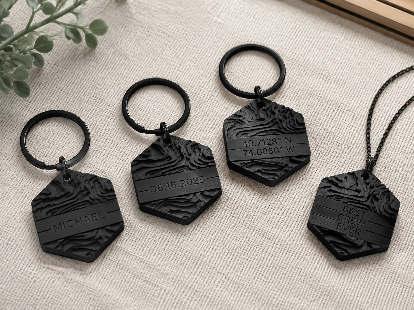 Engraved keychains and everyday jewelry