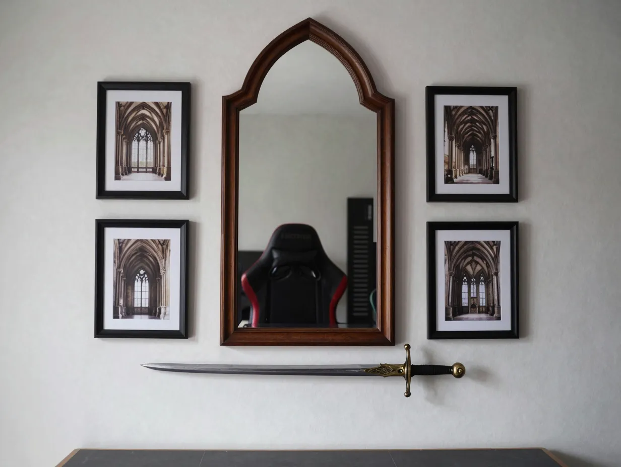 Gothic architecture motifs arches cathedral imagery and medieval weapons