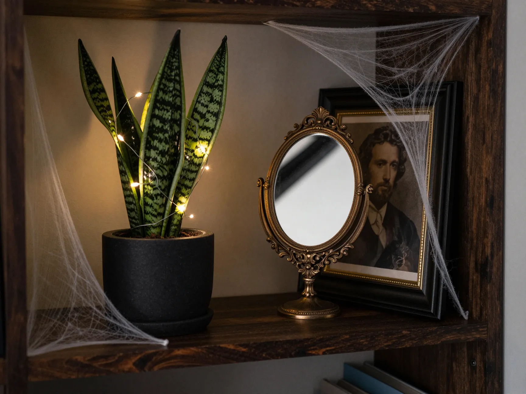 Atmospheric decor plants fairy lights mirrors cobwebs and portraits