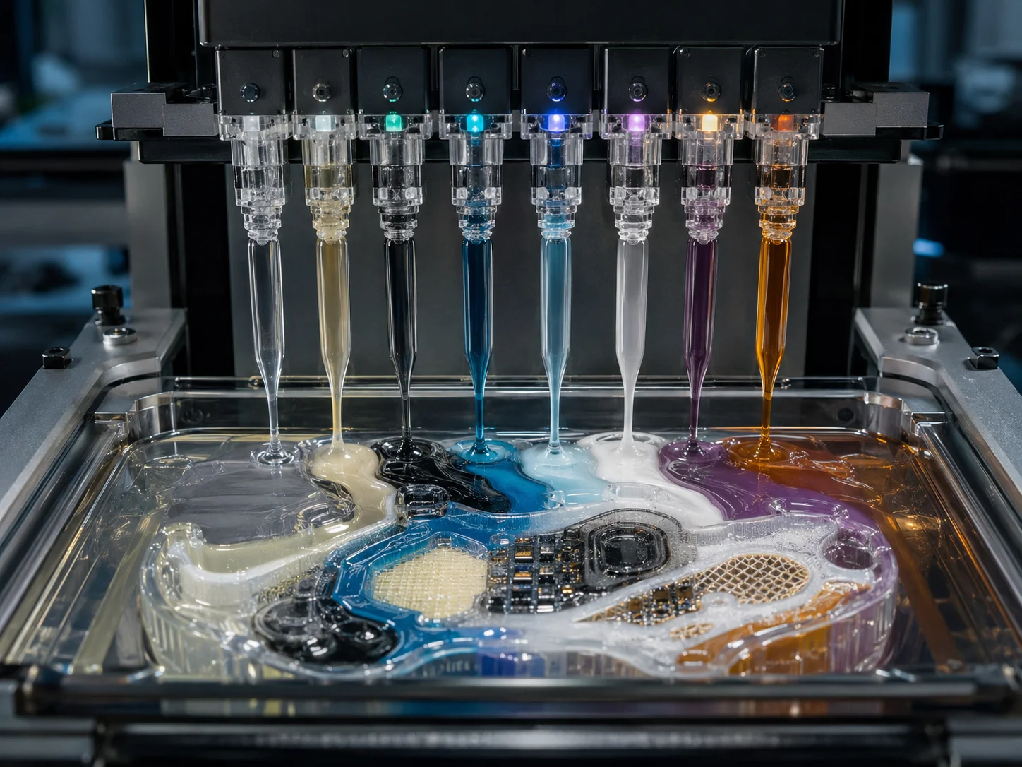 Seven channel resin systems for functional multi material devices