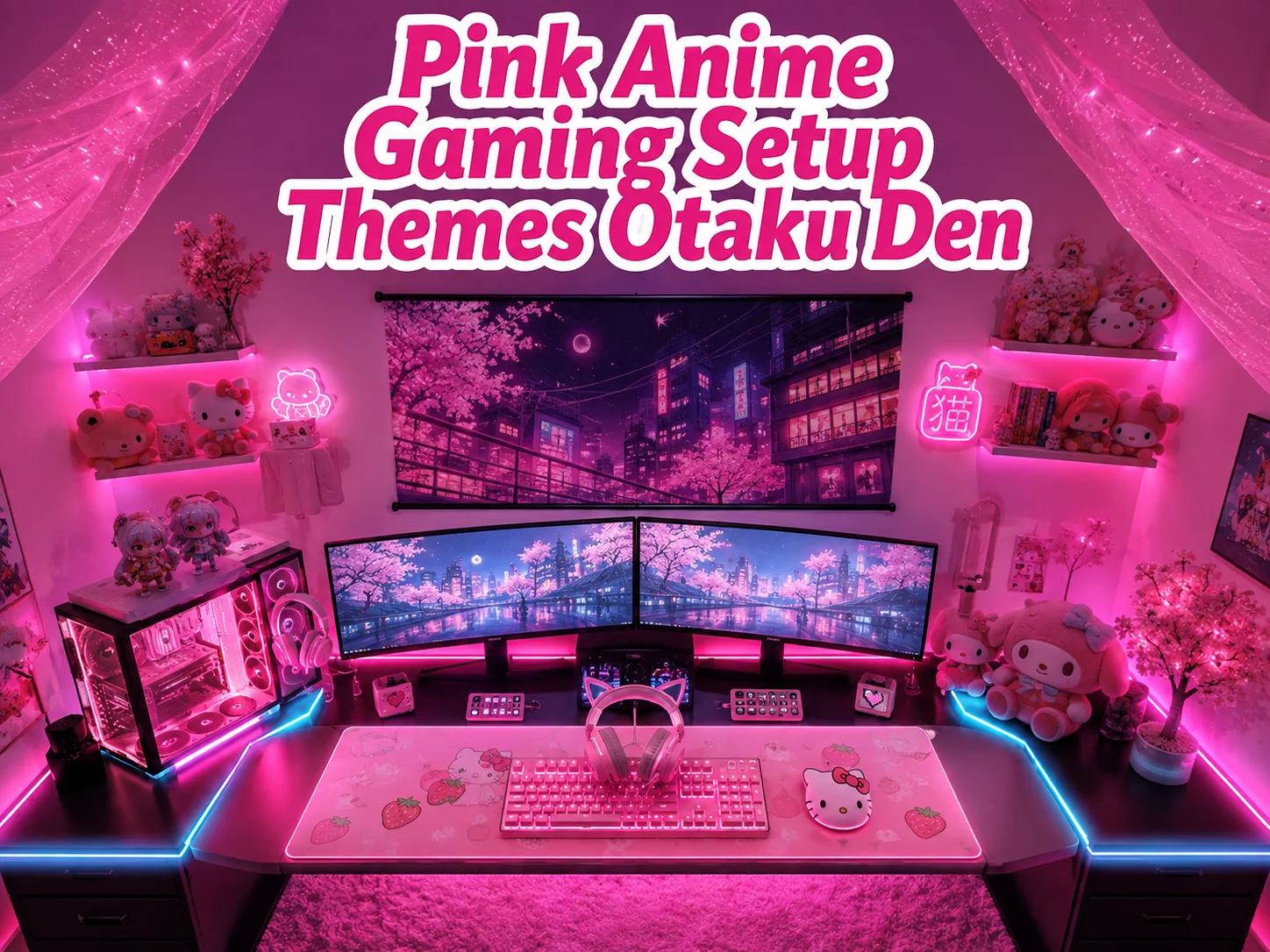 Pink anime gaming setup themes otaku den