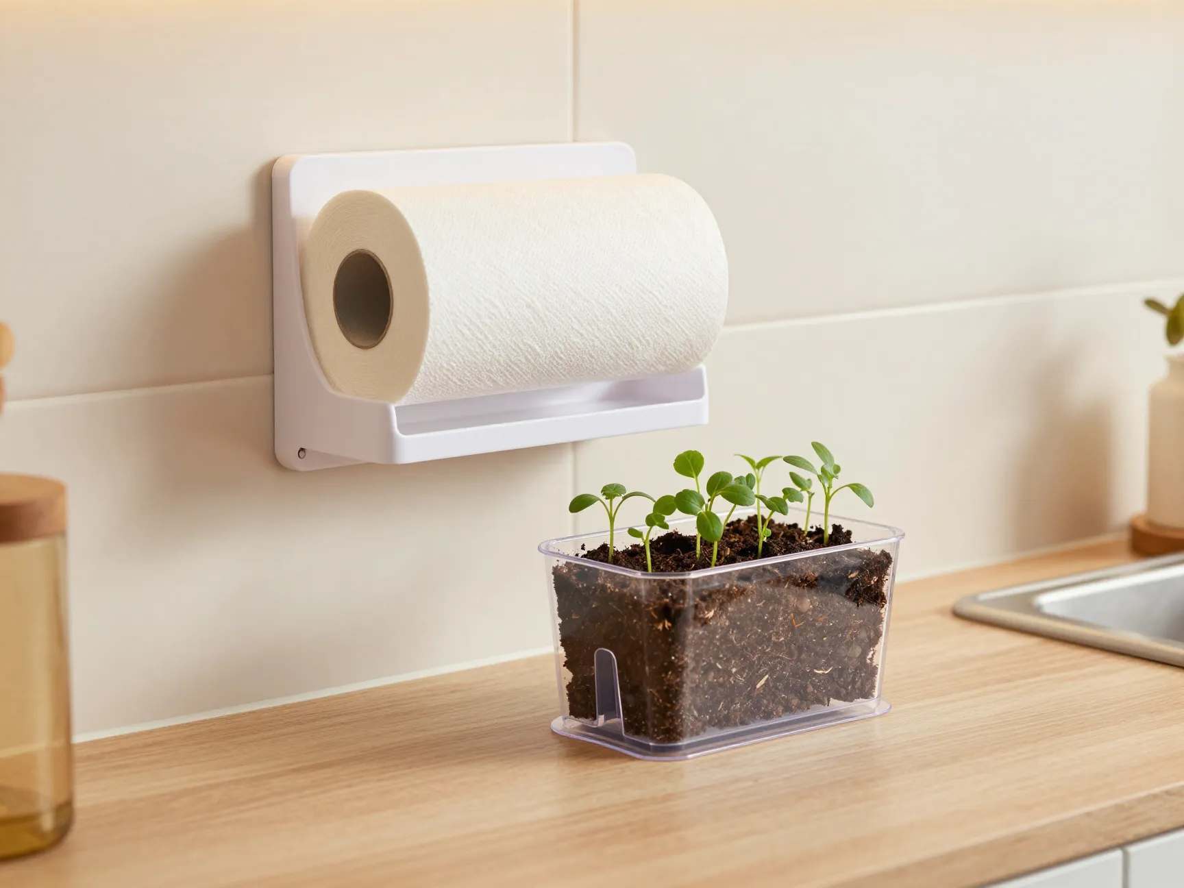 Wall mounted paper towel holder or self watering seed starter