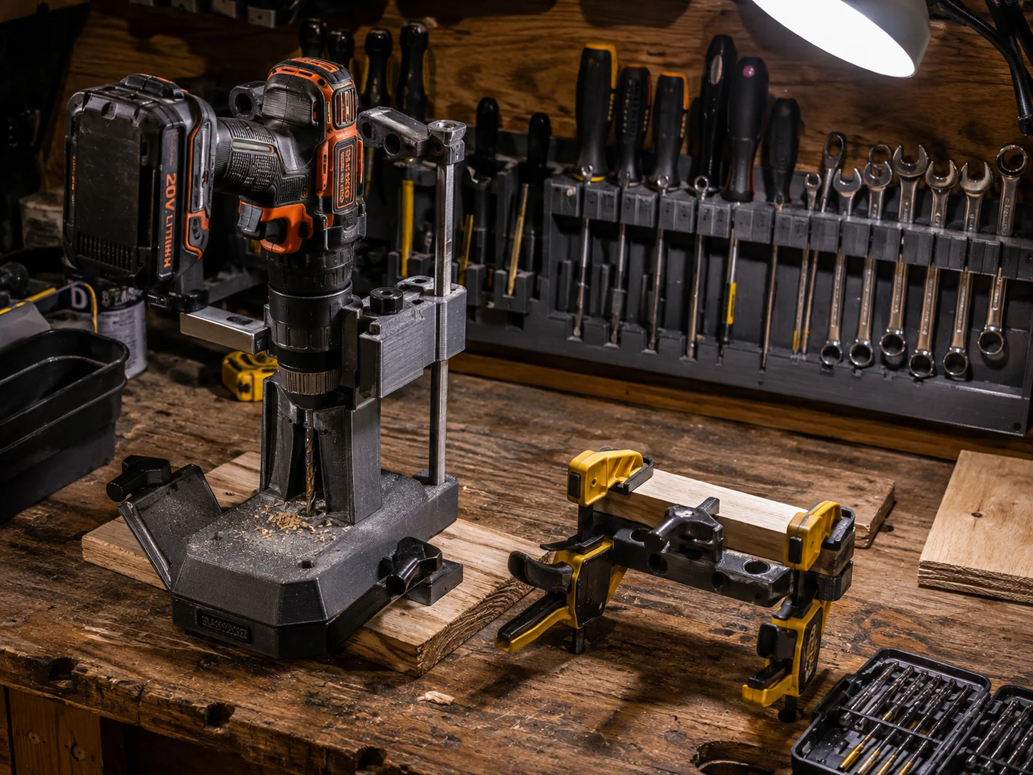 Workshop tool holder drill guide or clamp set