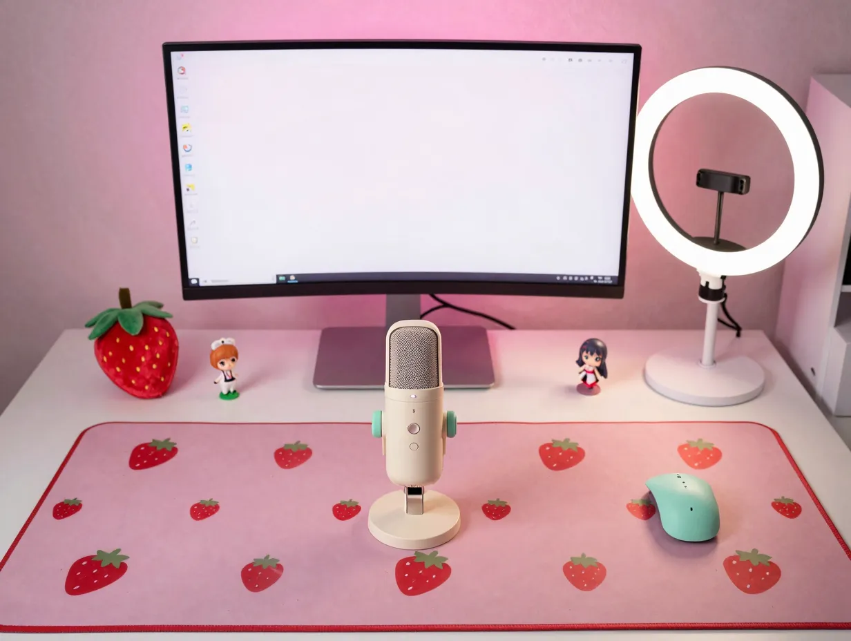 Strawberry pastel anime streaming setup