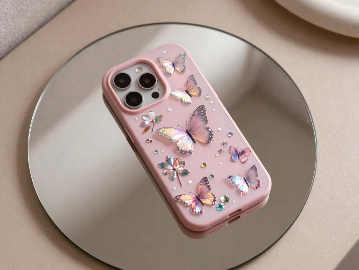 Pink butterfly floral mirror case