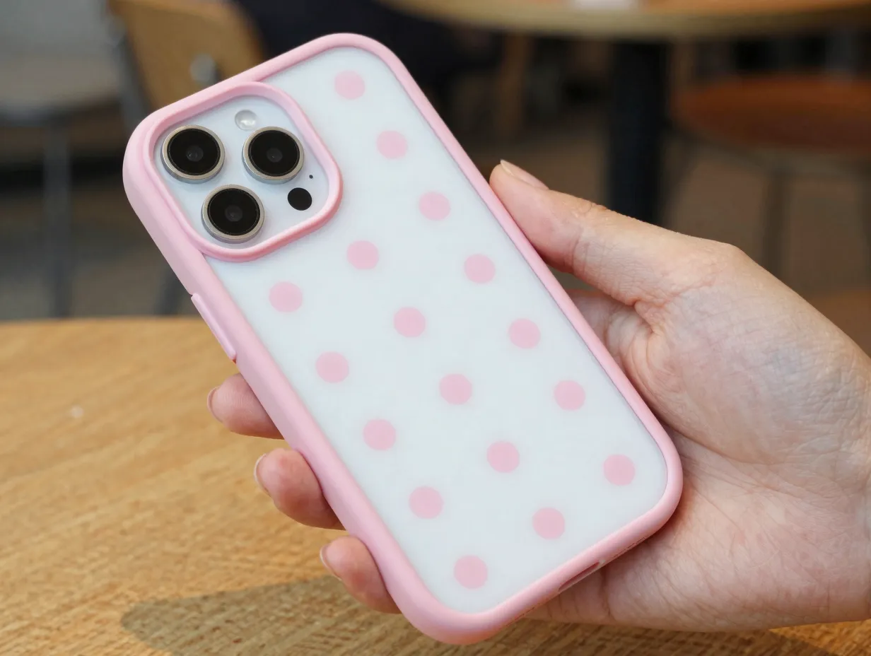 White and light pink polka dot case