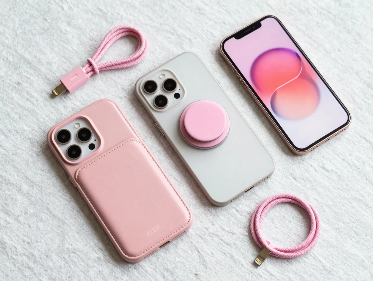 9 coordinated pink accessories magsafe wallet popsocket and braided cable