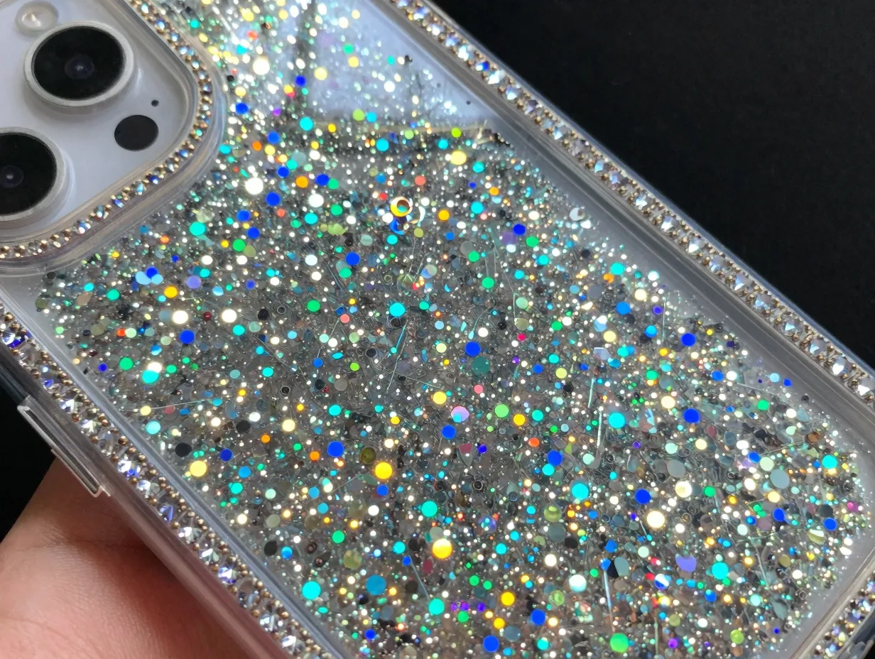 Clear glitter or liquid filled case with rhinestone accents
