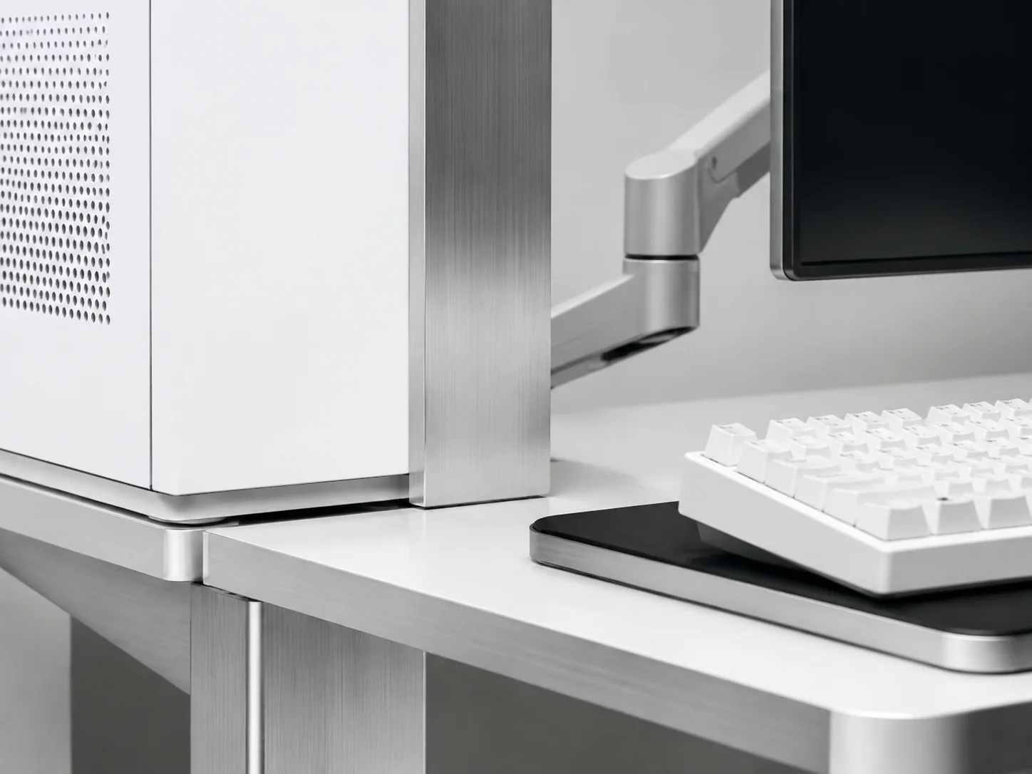 Matte white with brushed aluminum contrast