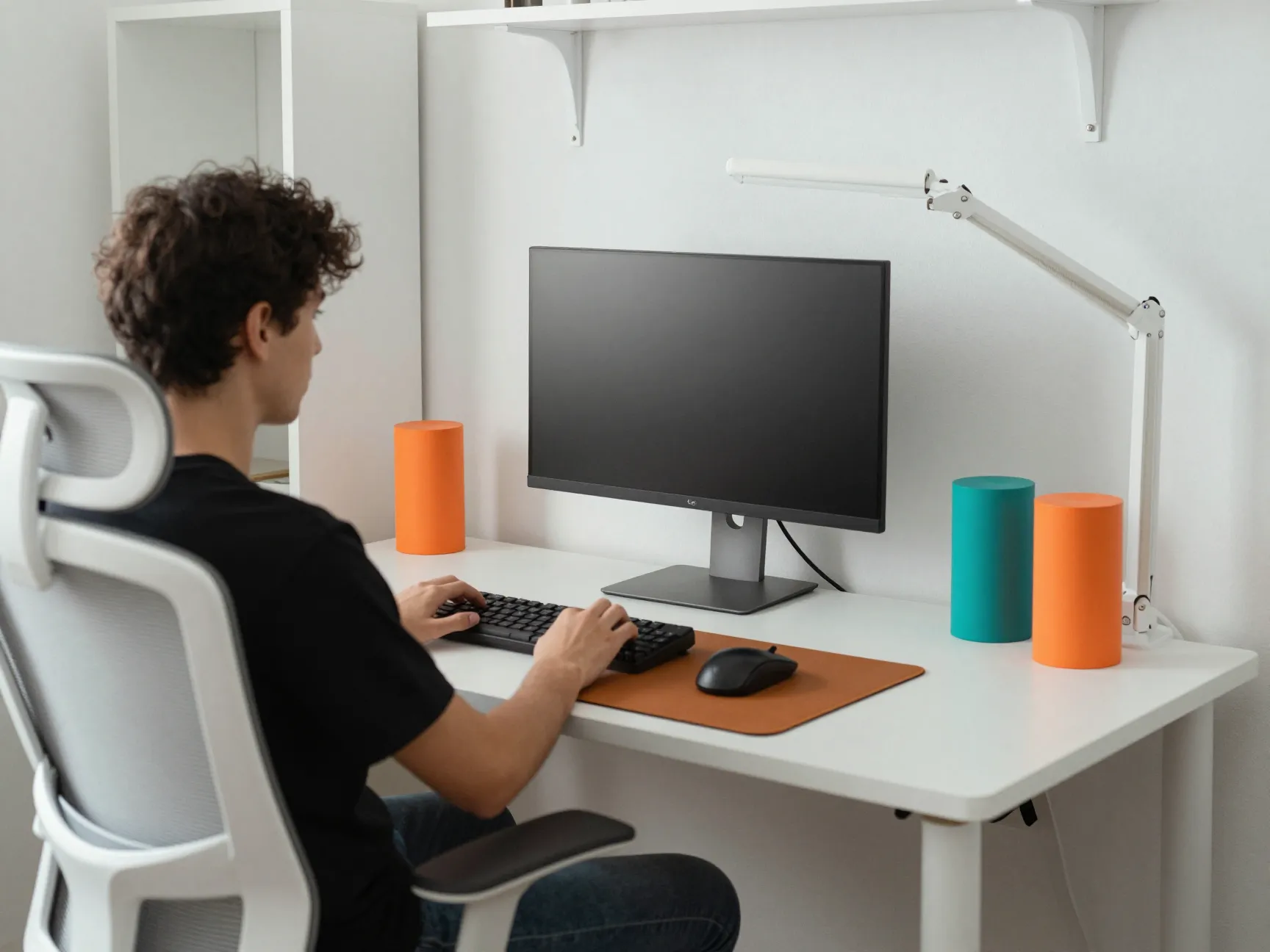 Dual purpose white workspace with ergonomic focus